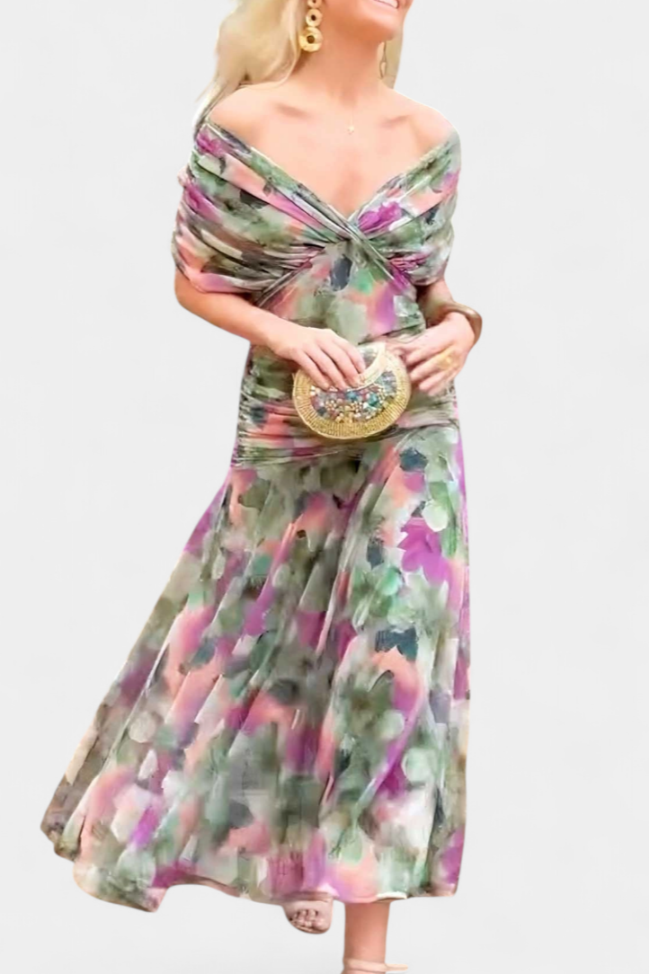 Off Shoulder Cross Front Ruched Mesh Maxi Dress 9