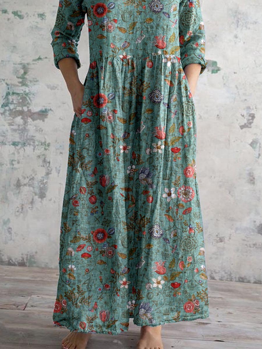 Floral Print V-Neck Long Sleeve Pocket Maxi Dress 4