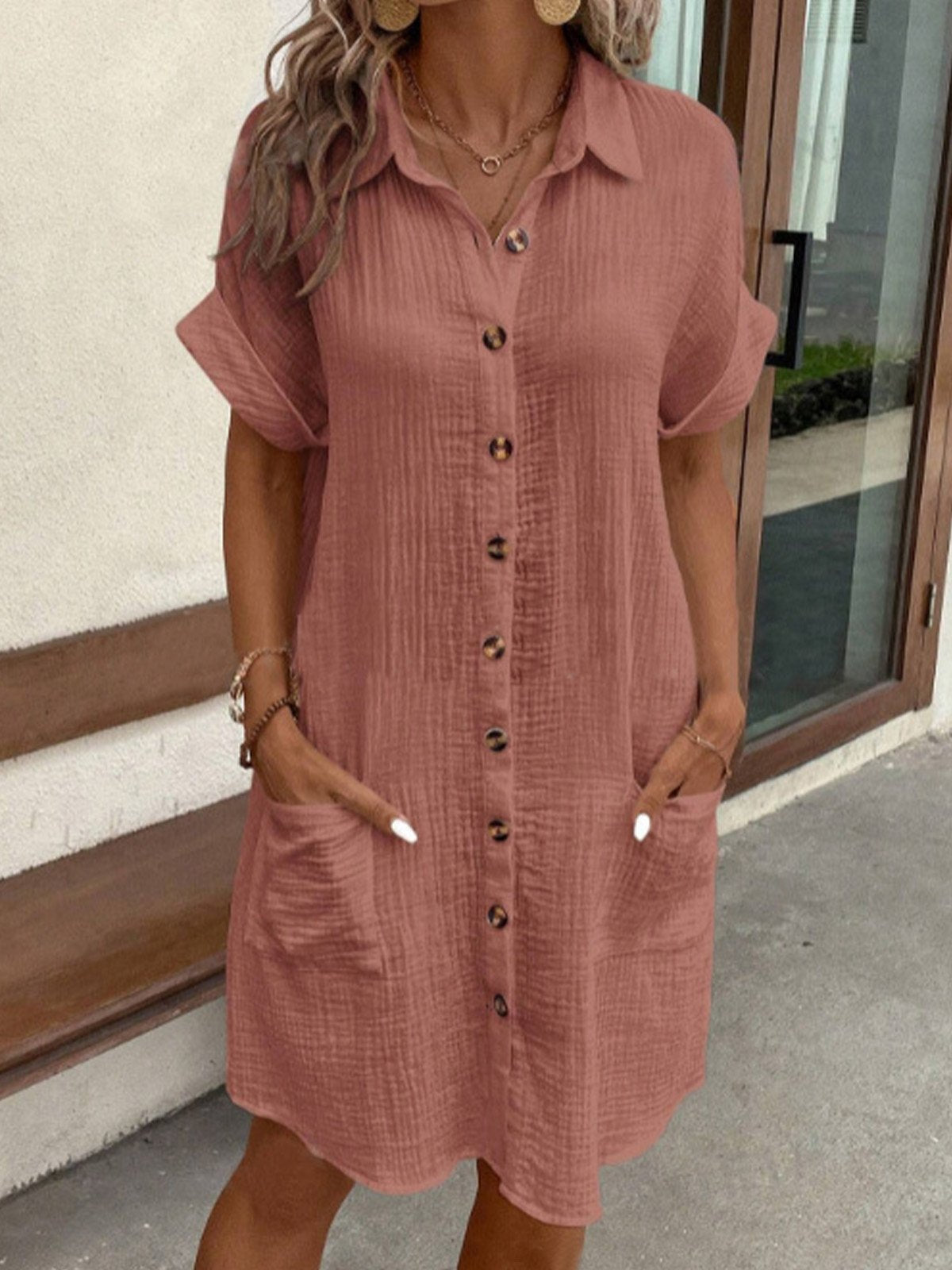 Textured Button Down Short Sleeve Patch Pocket Shirt Dress - View 2