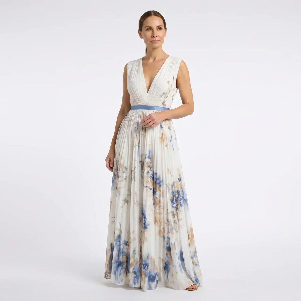 V-Neck Sleeveless Belted Floral Pleated Maxi Dress