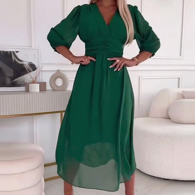 Chiffon Deep V-Neck Wrap Puff Three Quarter A-Line Midi Dress - View 10