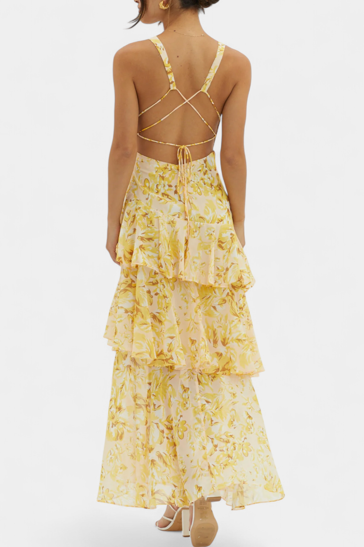 Floral Deep V-Neck Sleeveless Tiered Ruffle Maxi Dress 14