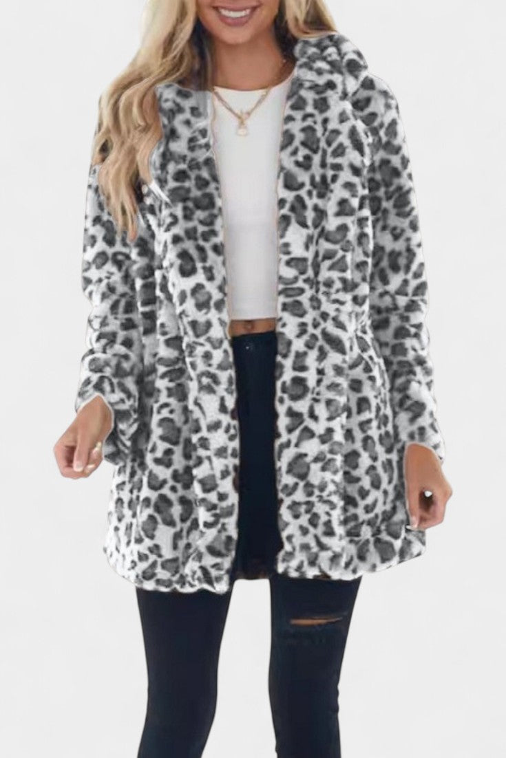 Leopard Print Faux Fur Lapel Collar Longline Coat 7