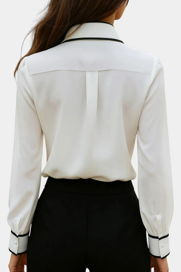 Contrast Trim Knotted Tie Collar Long Sleeve Blouse 3