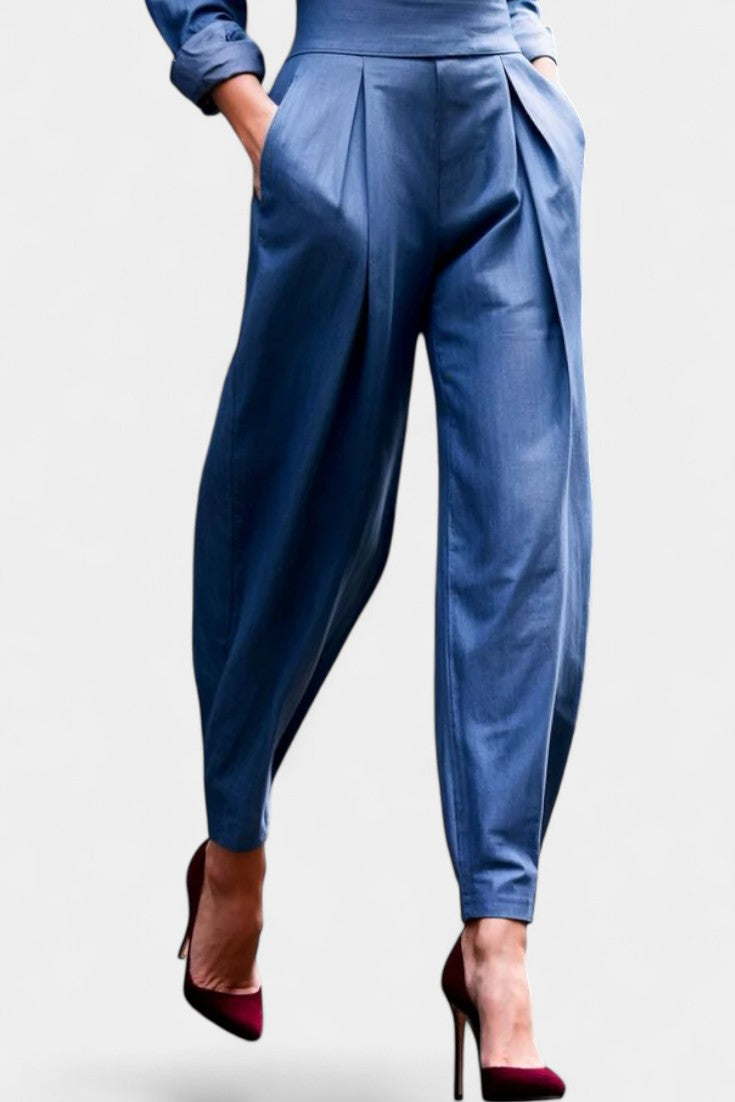 Collared Long Sleeve High Waist Denim Look Jumpsuit 3