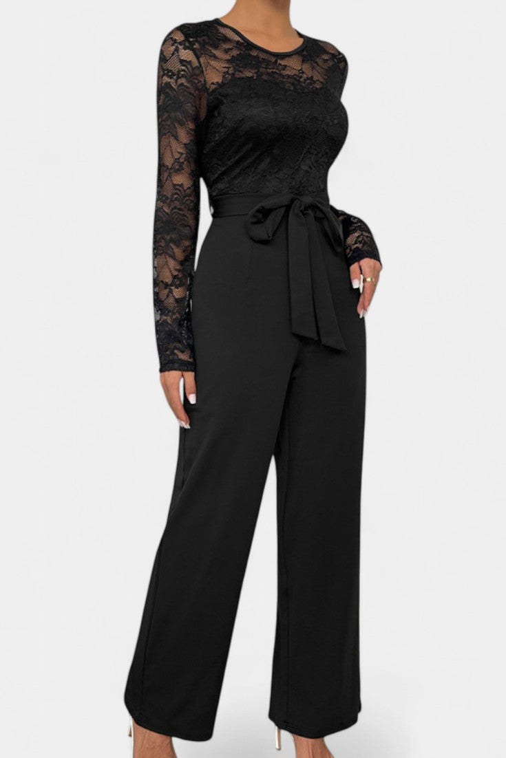 Lace Bodice Long Sleeve Belted Wide Leg Jumpsuit 2
