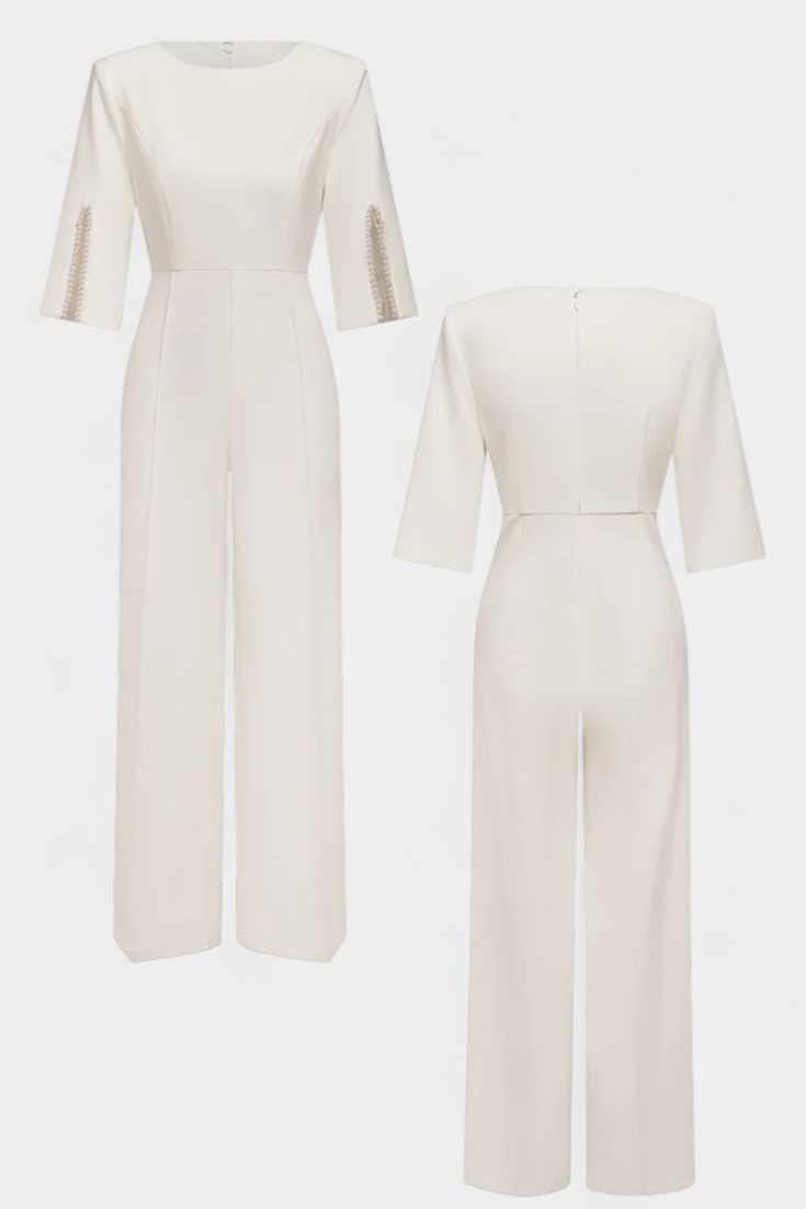 Boat Neck Pearl Trim Split Sleeve Wide Leg Jumpsuit 5