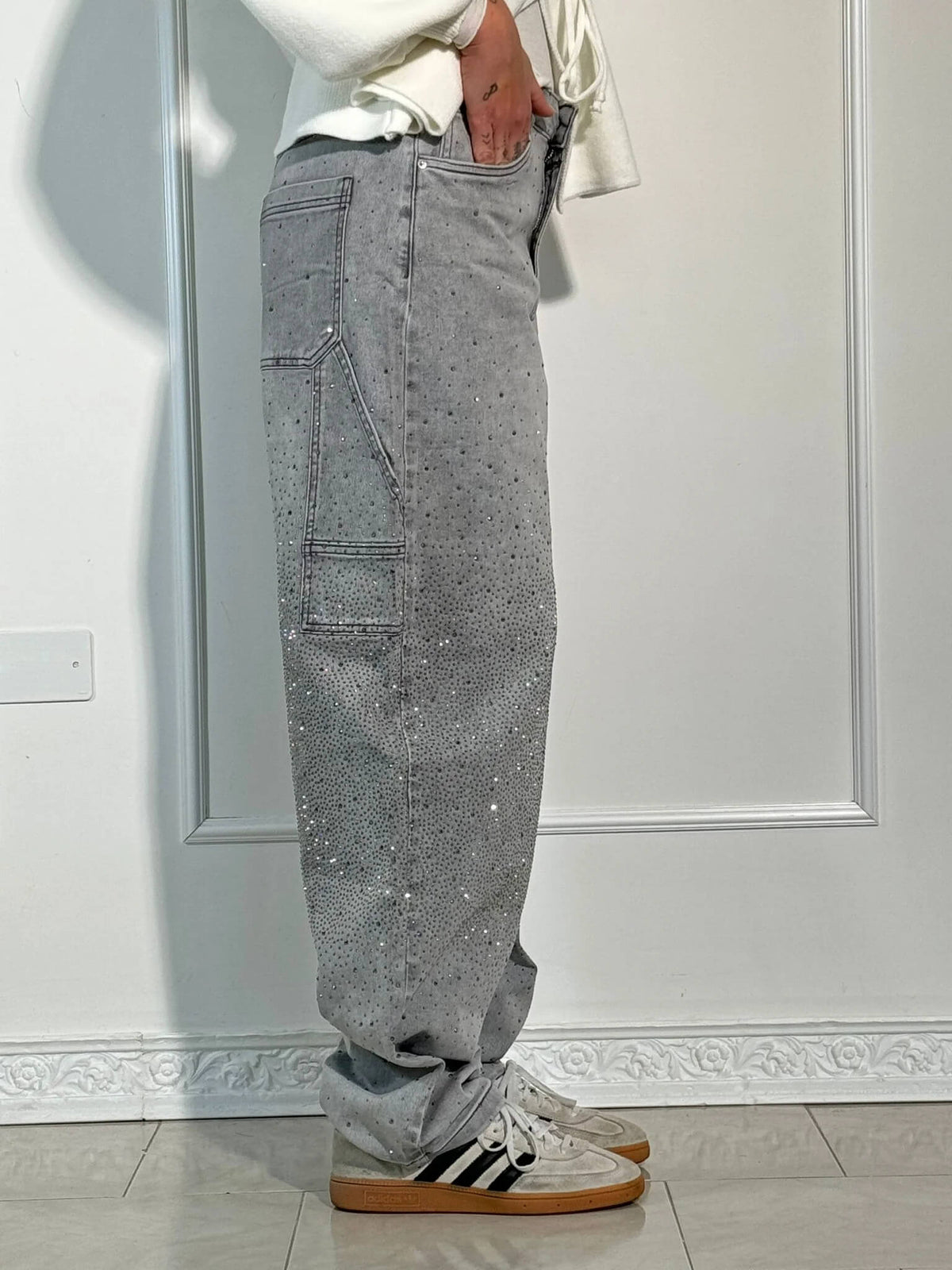 High Waist Rhinestone Embellished Wide Leg Jeans 14