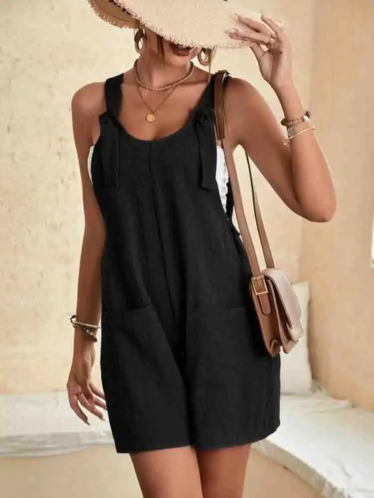 Adjustable Tie Strap Pocket Textured Short Overalls Romper 3