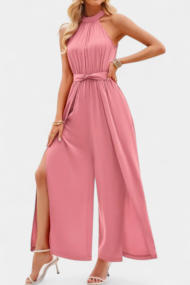 Halter Neck Belted Wide Leg High Split Jumpsuit 4