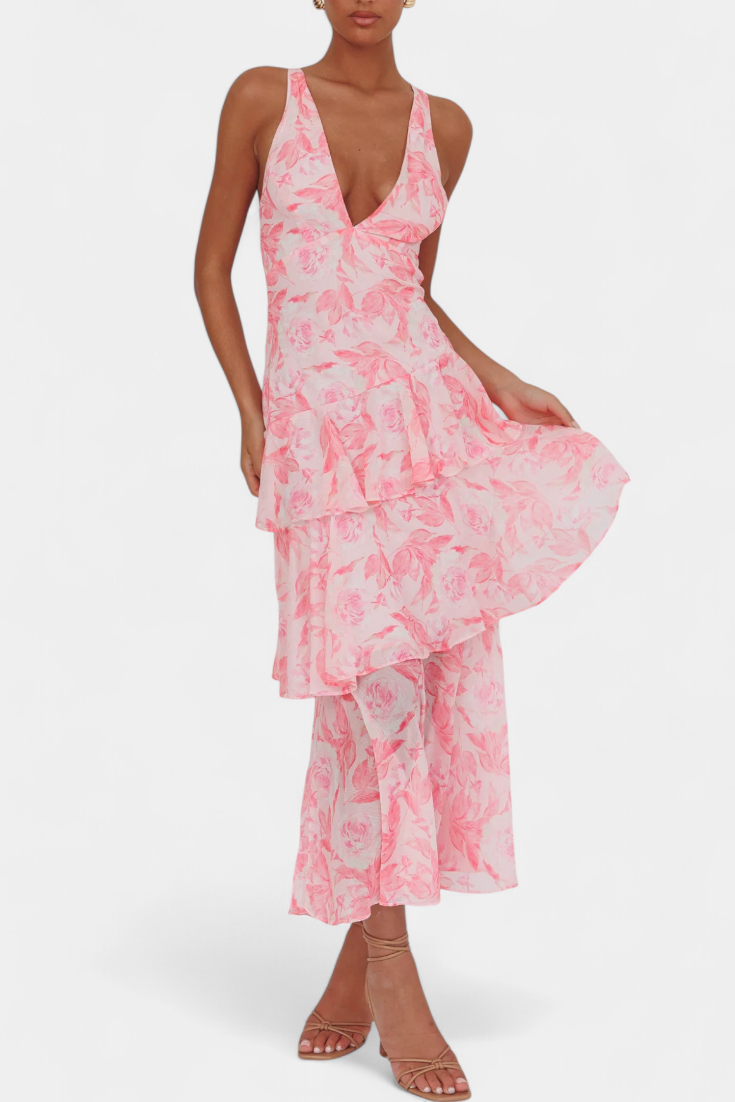 Floral Deep V-Neck Sleeveless Tiered Ruffle Maxi Dress 5