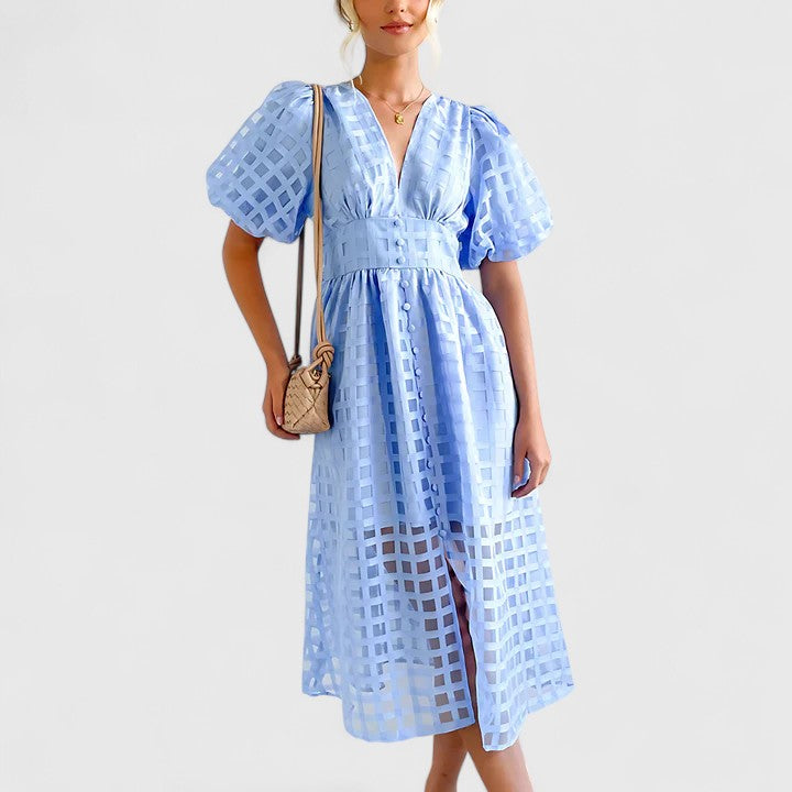Deep V-Neck Puff Sleeve Textured Check Button Front Midi Dress 6