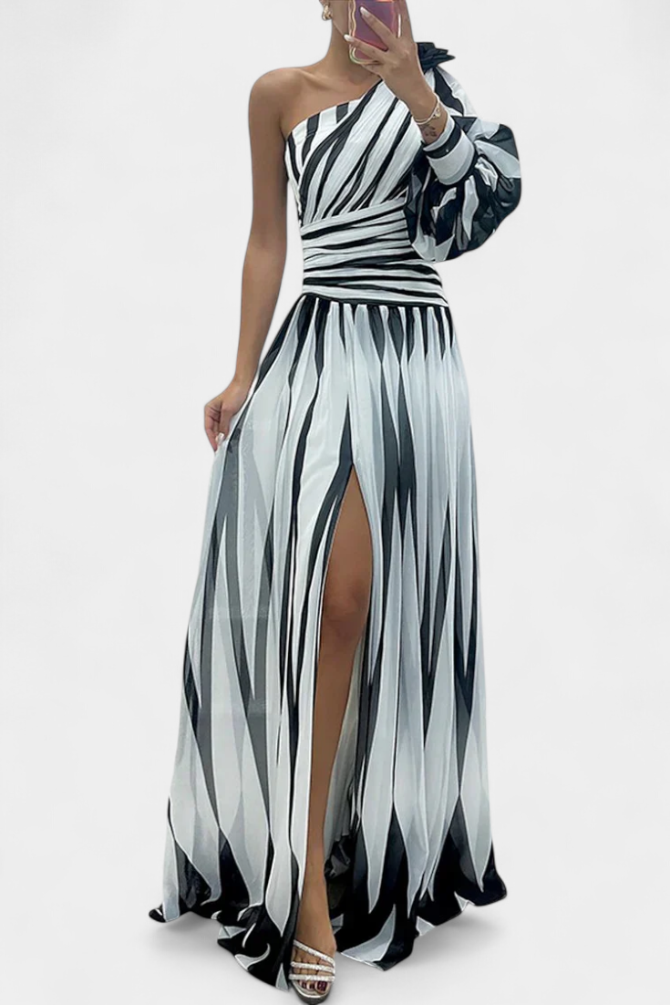 Abstract Print One Shoulder High Split Maxi Gown 2