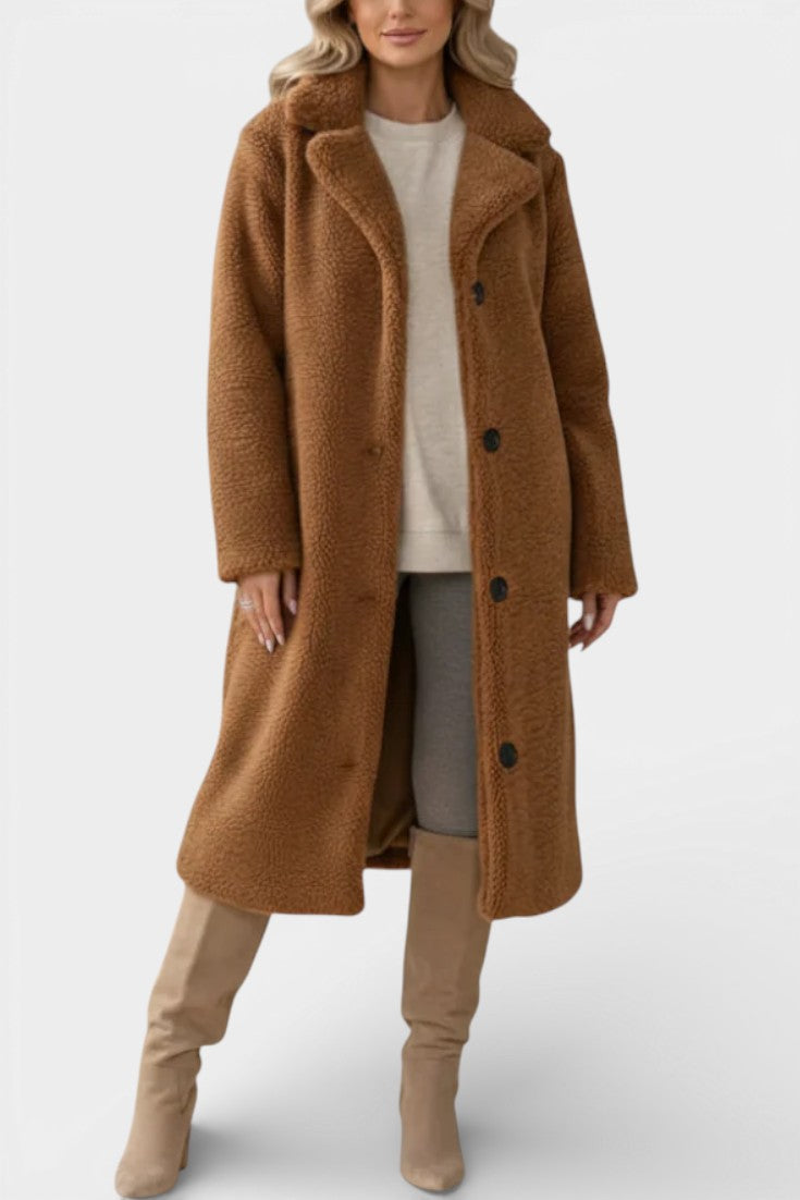 Notched Collar Button Front Teddy Longline Coat 8