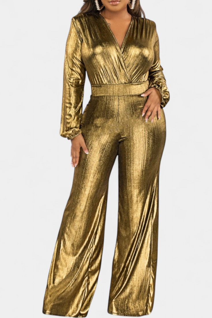 Metallic Wrap V-Neck Long Sleeve Wide Leg Jumpsuit
