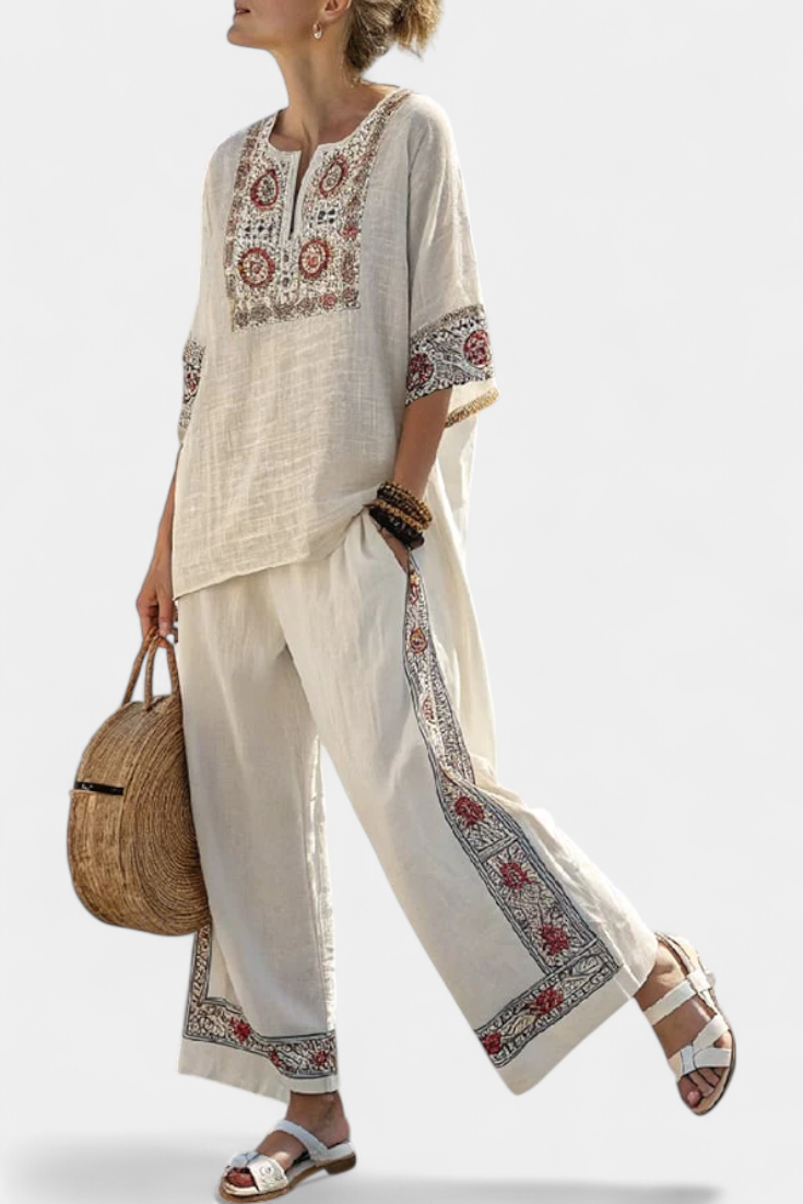 Embroidered Trim V-Neck Tunic Top and Wide Leg Pants Two Piece Set 2