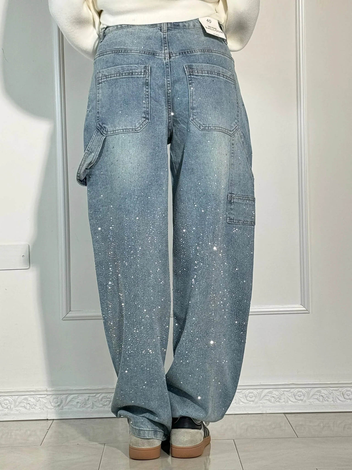 High Waist Rhinestone Embellished Wide Leg Jeans 8