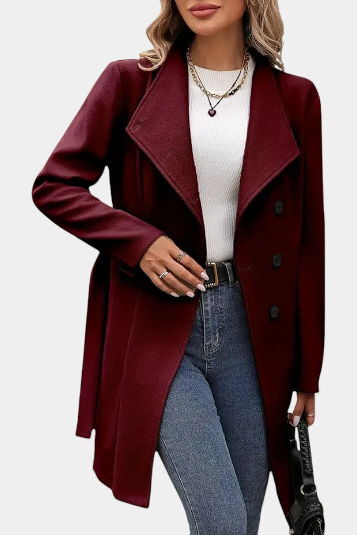 Stand Collar Asymmetric Button Belted Coat 10