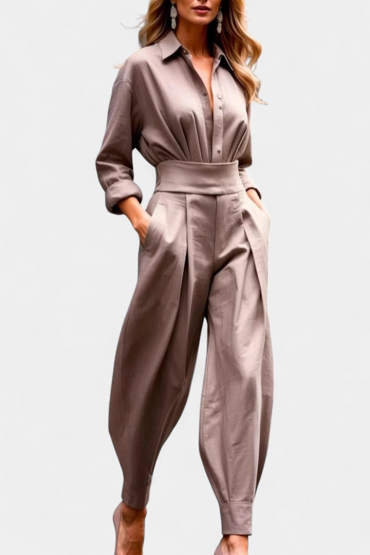 Collared Long Sleeve High Waist Denim Look Jumpsuit 6