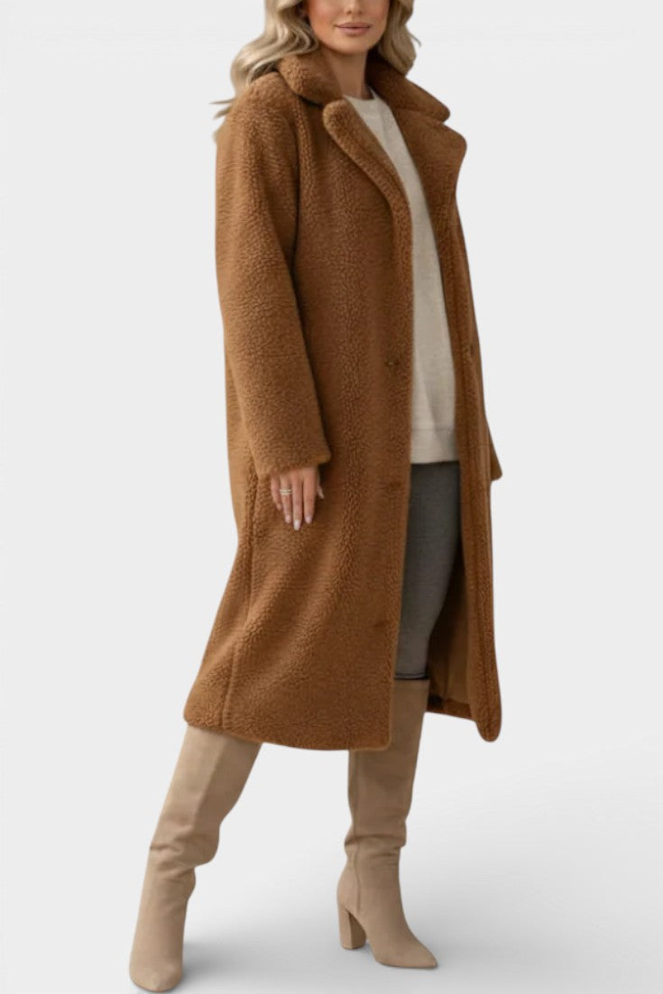 Notched Collar Button Front Teddy Longline Coat 9