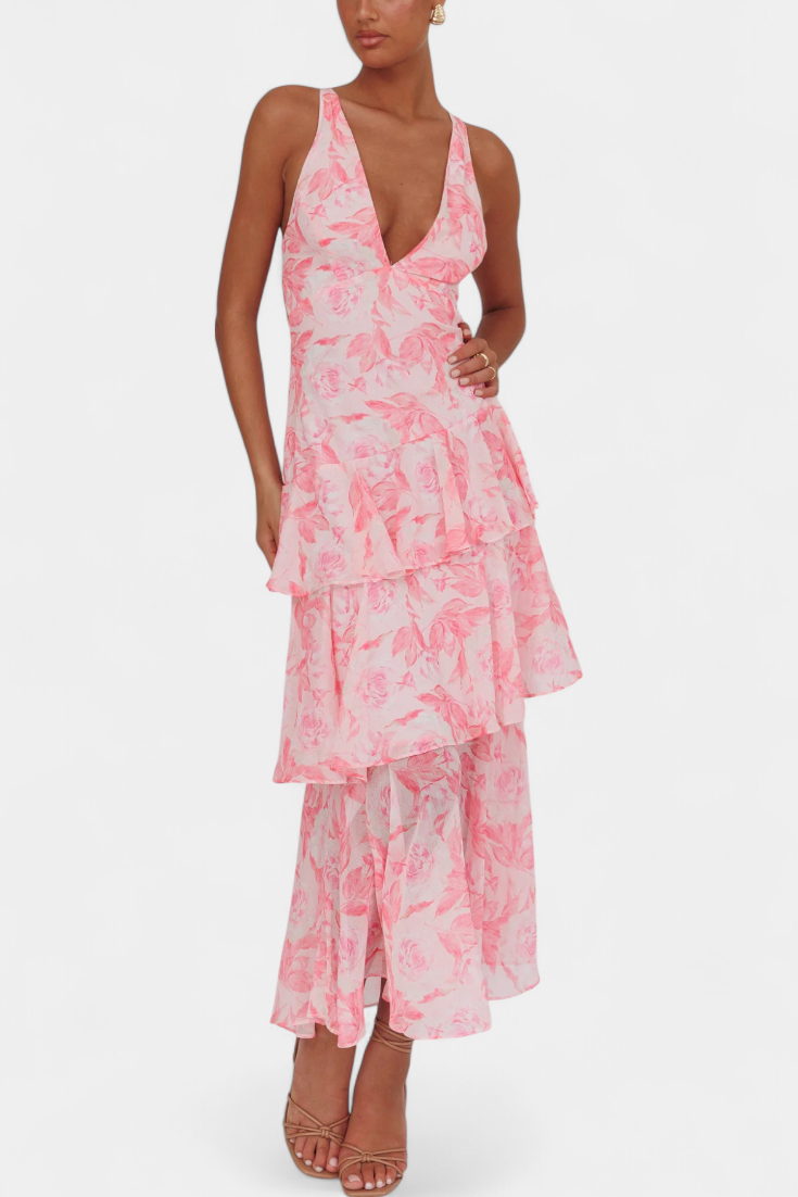 Floral Deep V-Neck Sleeveless Tiered Ruffle Maxi Dress 12