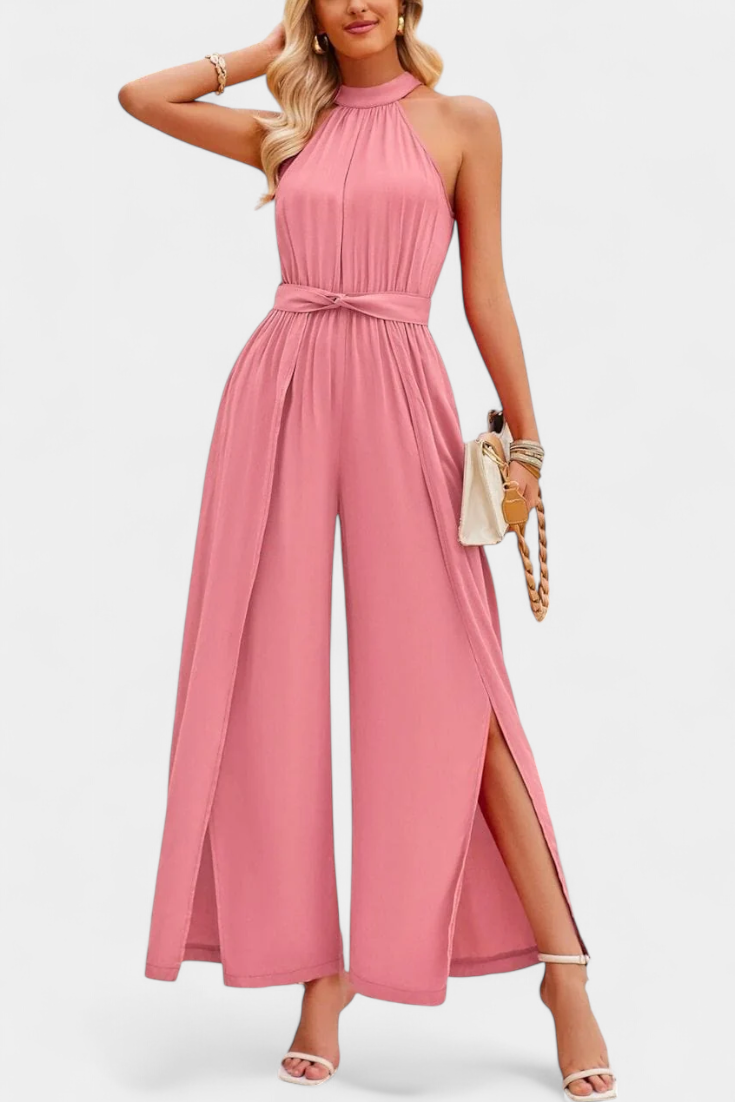 Halter Neck Belted Wide Leg High Split Jumpsuit 2