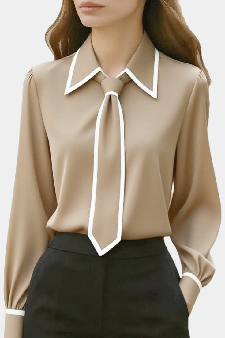 Contrast Trim Knotted Tie Collar Long Sleeve Blouse 5