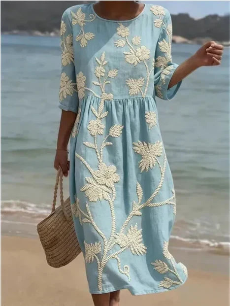 Floral Embroidered Round Neck Tiered Midi Dress 2