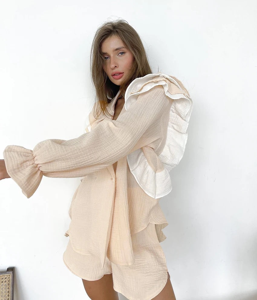 Ruffle Trim Lapel Collar Shirt and Shorts Two Piece Set 5
