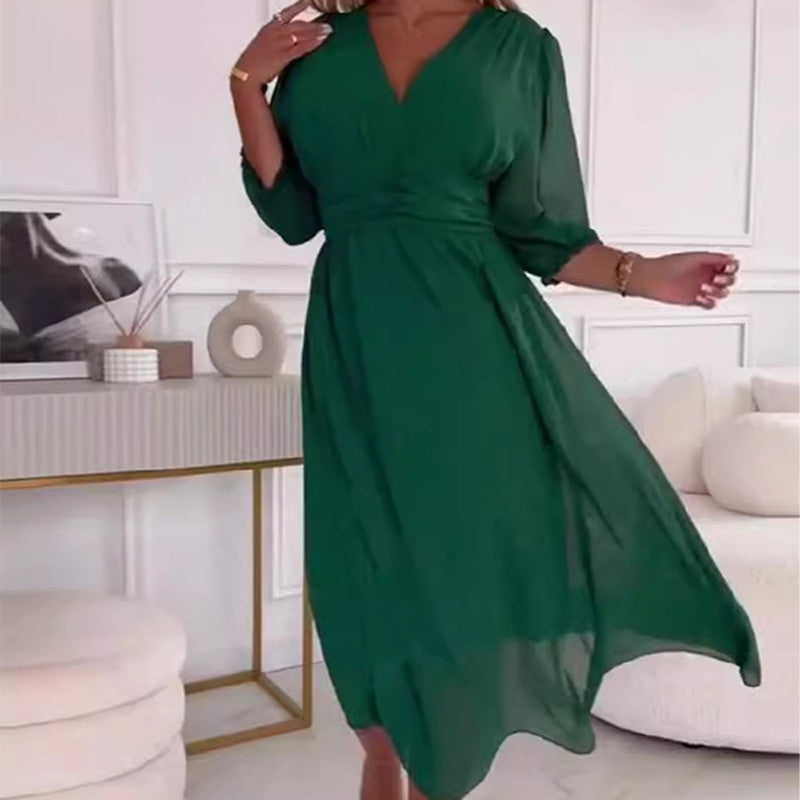 Chiffon Deep V-Neck Wrap Puff Three Quarter A-Line Midi Dress - View 14