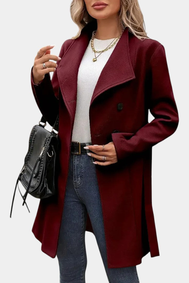 Stand Collar Asymmetric Button Belted Coat 11