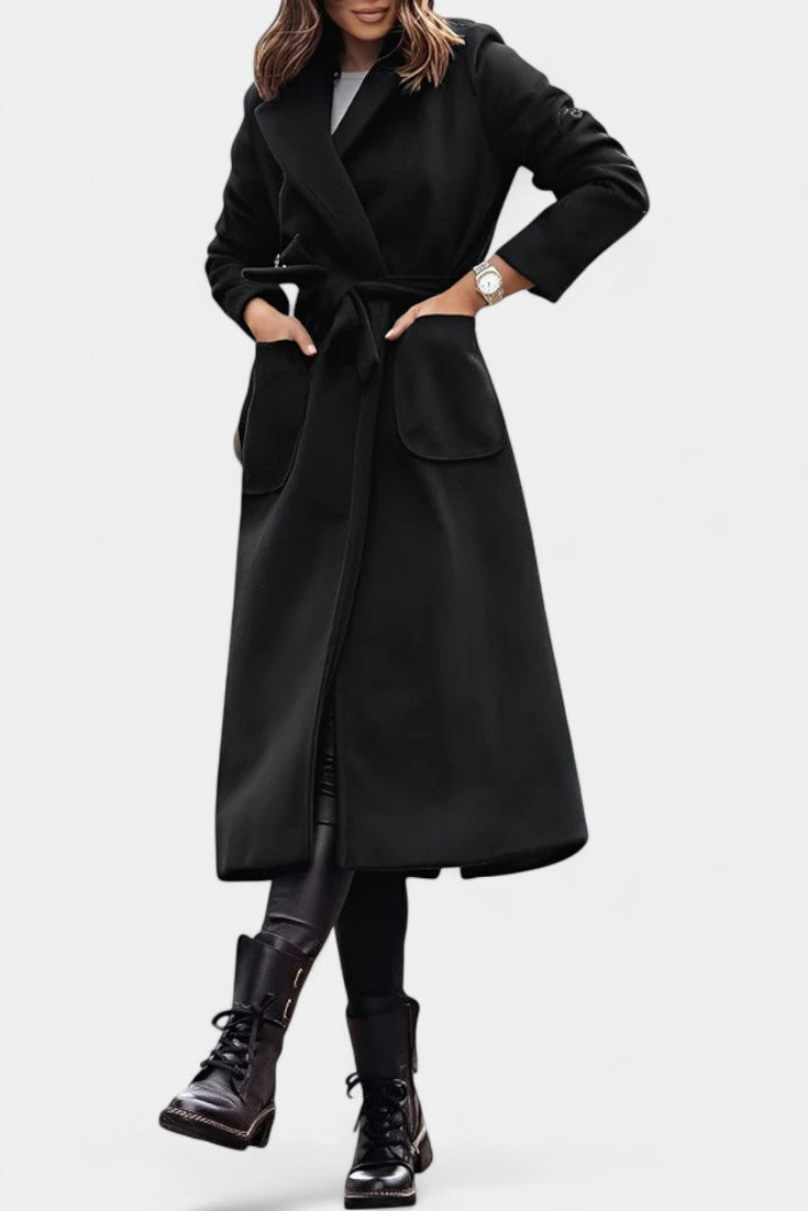 Notched Lapel Belted Patch Pocket Longline Coat 11