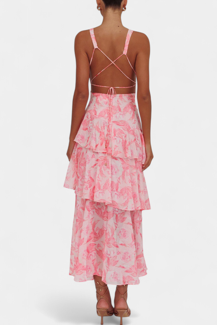 Floral Deep V-Neck Sleeveless Tiered Ruffle Maxi Dress 11