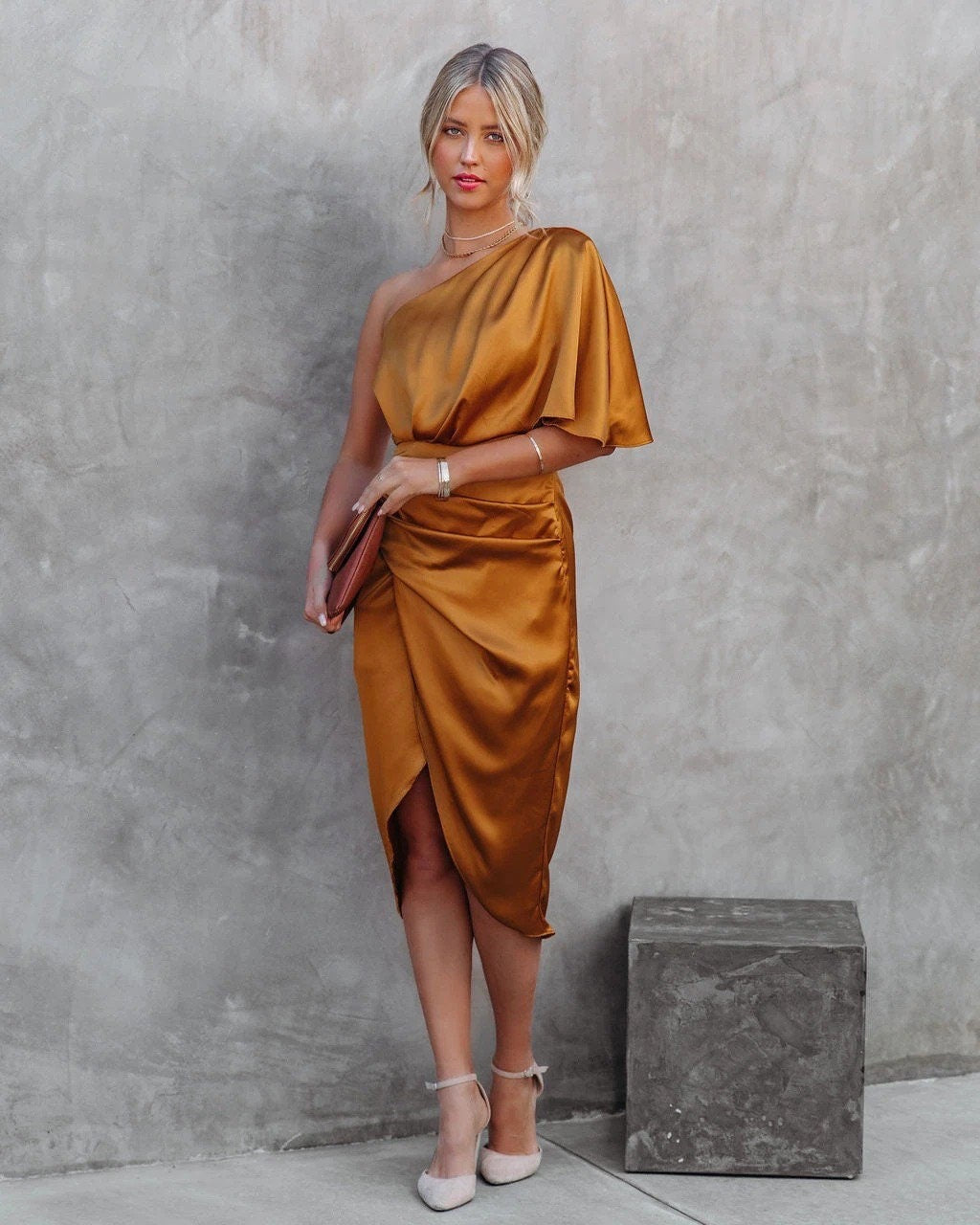 Satin One Shoulder Ruched Pleated Wrap Asymmetric Midi Cocktail Dress - View 5