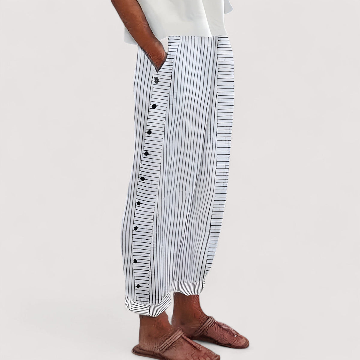 Striped Button Side Elastic Waist Tapered Pants 3