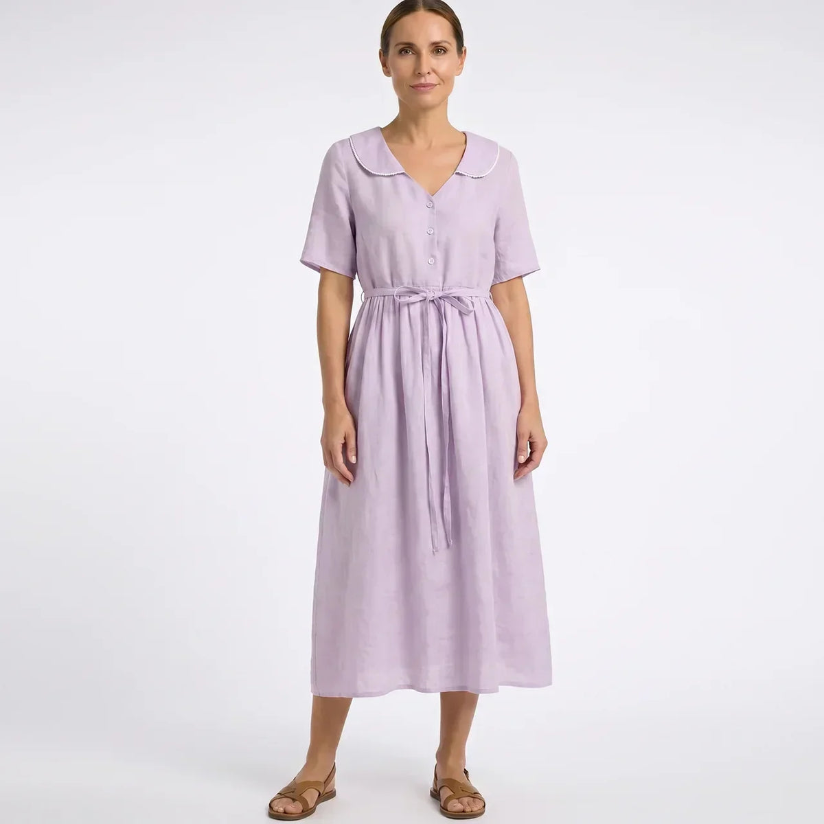 Oversized Collar Button Front Waist Tie Short Sleeve Midi Dress