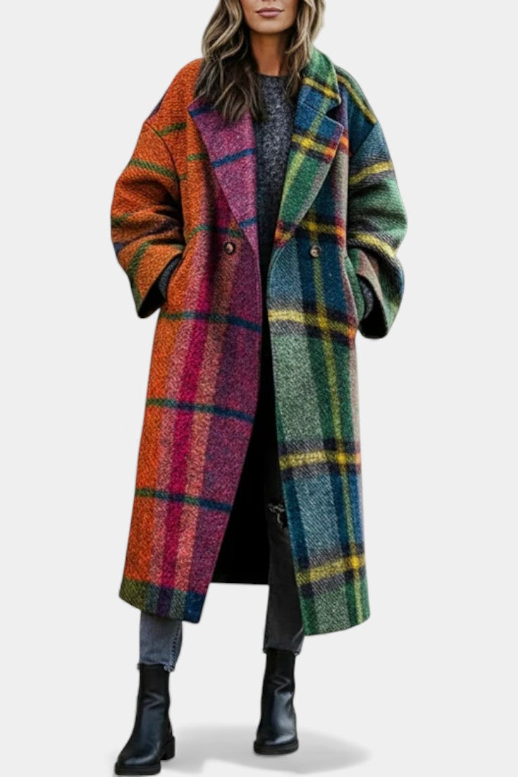 Plaid Notched Lapel Double Breasted Longline Coat