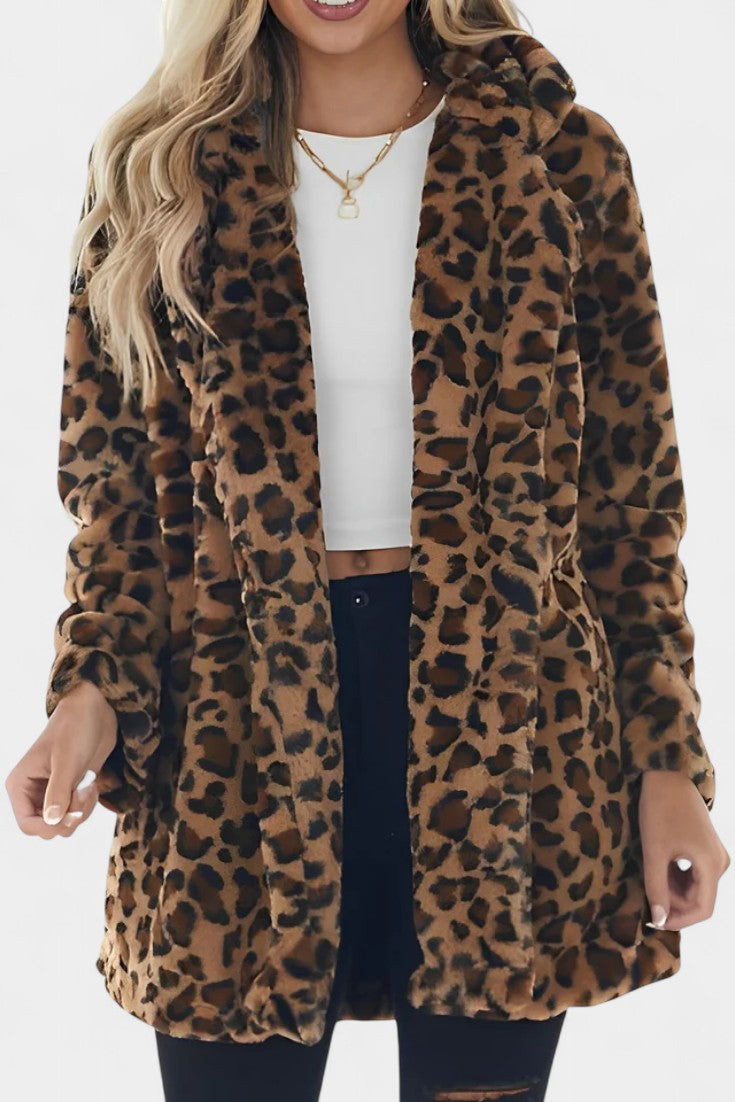 Leopard Print Faux Fur Lapel Collar Longline Coat 2