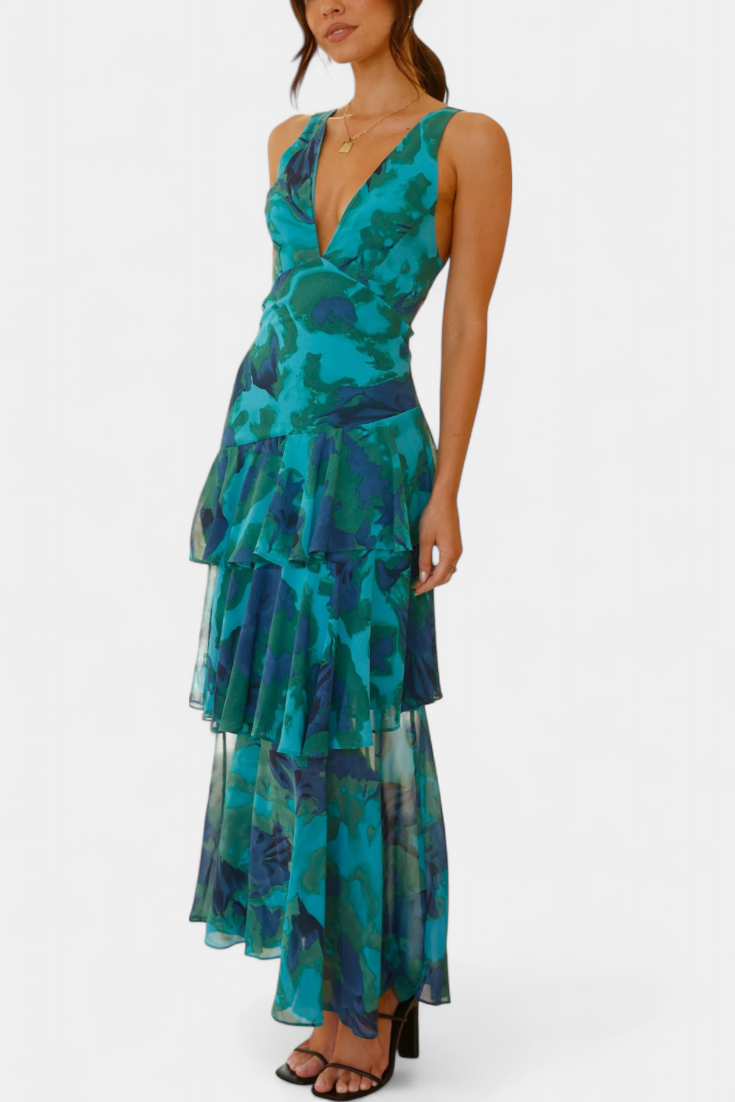 Floral Deep V-Neck Sleeveless Tiered Ruffle Maxi Dress 10