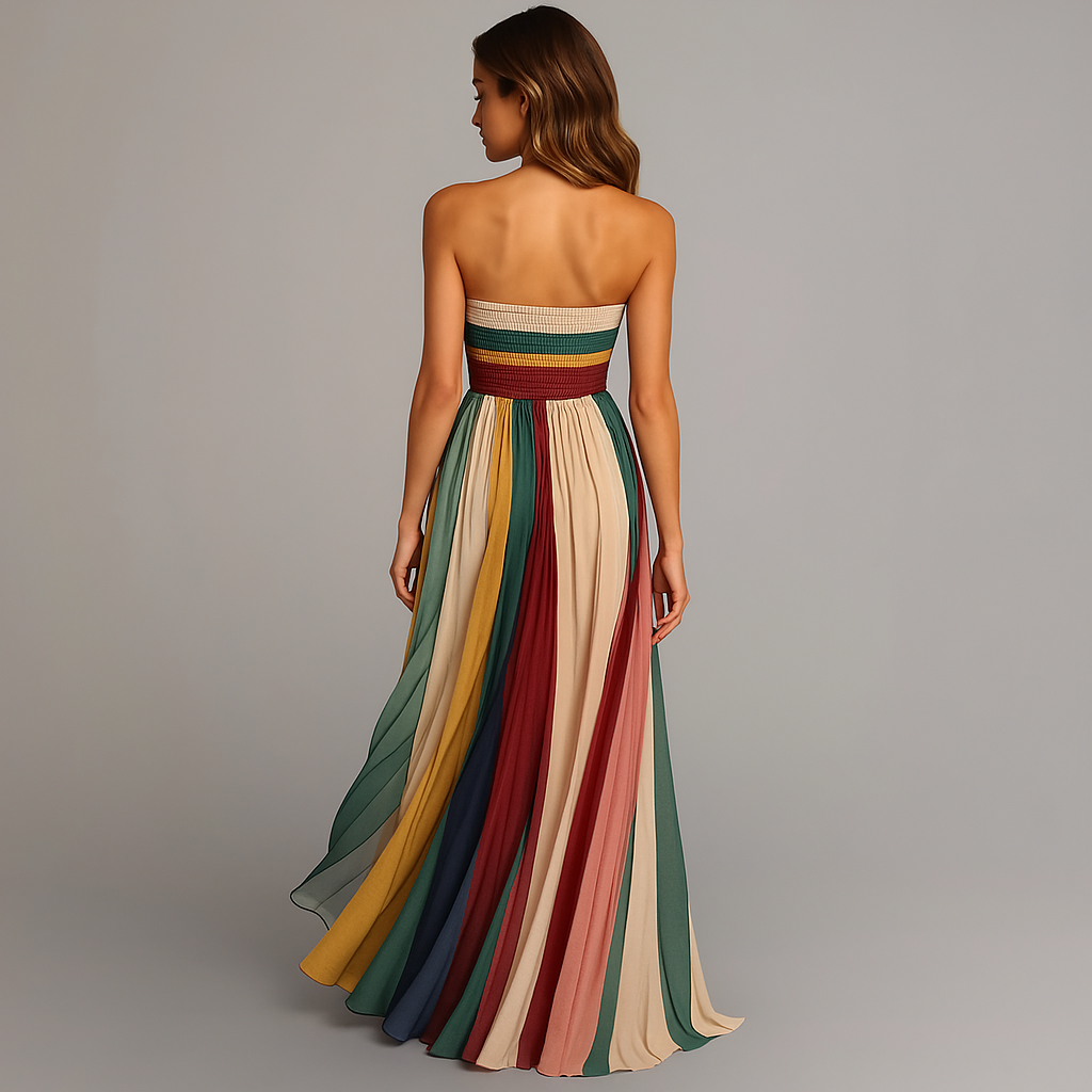 Striped Strapless Sweetheart Pleated Maxi Dress 7
