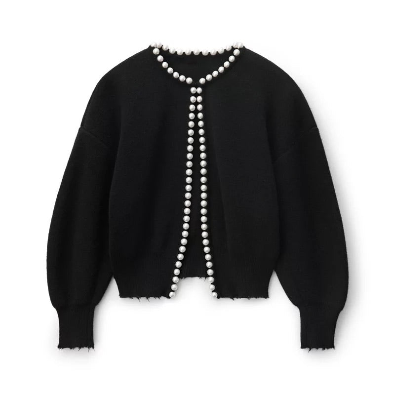 Faux Pearl Trim Round Neck Balloon Sleeve Knit Cardigan 2
