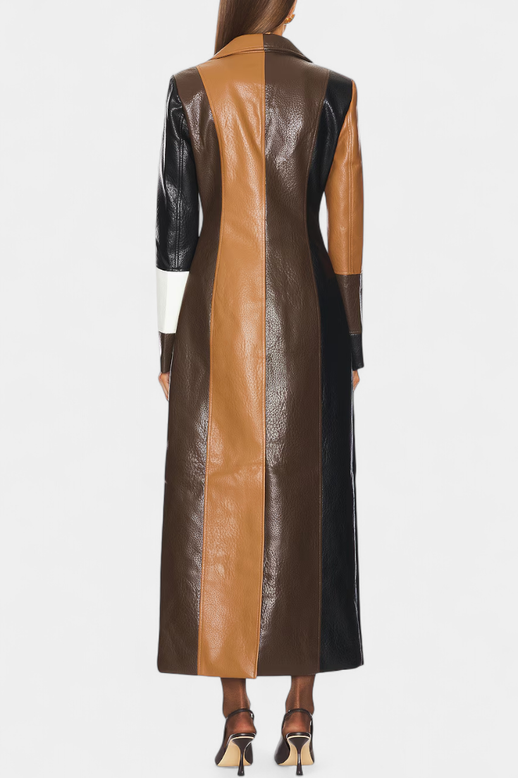 Faux Leather Patchwork Notch Lapel Button Front Longline Coat 3