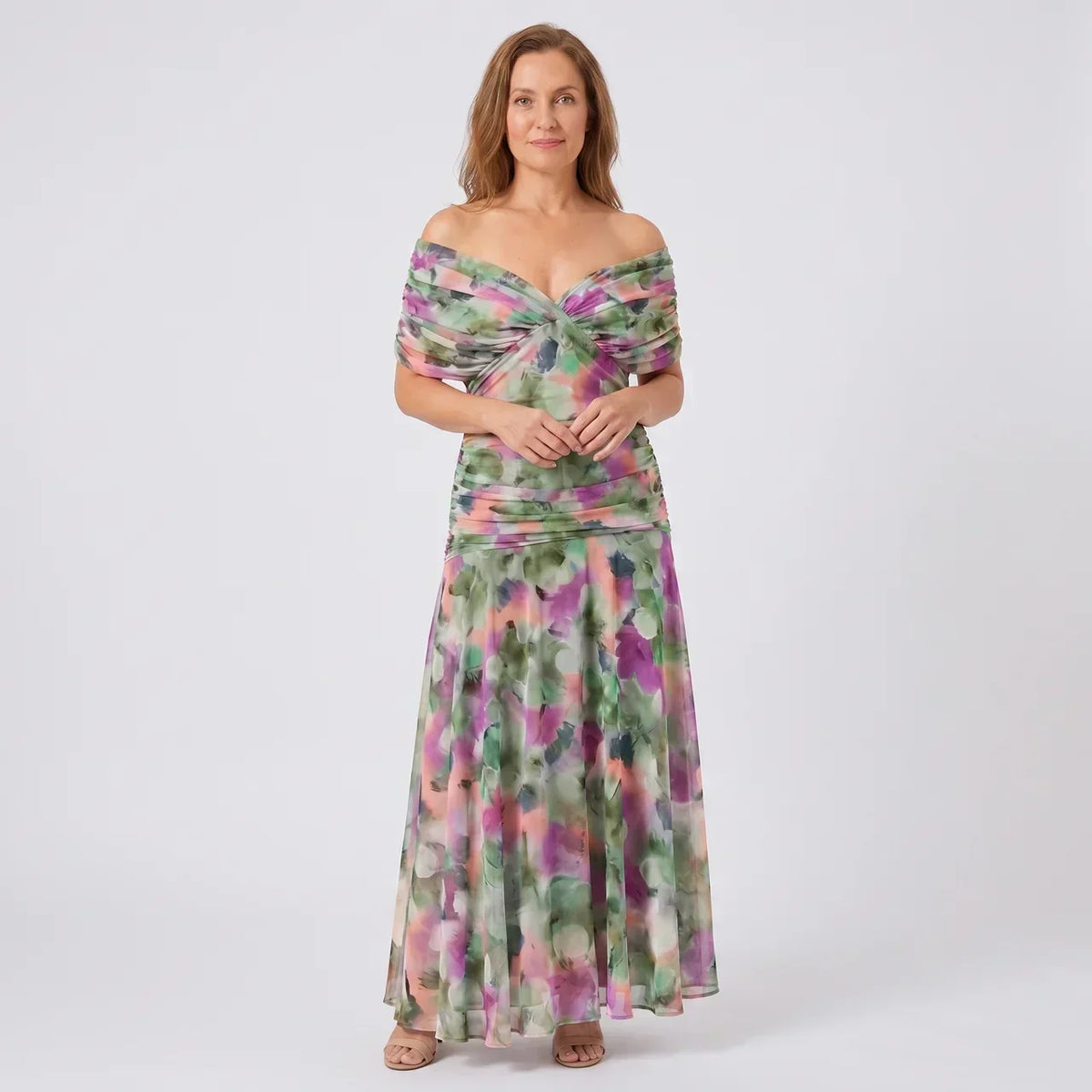 Watercolor Floral Off Shoulder Ruched Maxi Dress