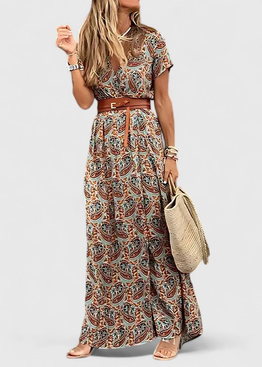 Floral V-Neck Short Sleeve Belted Maxi Dress 5