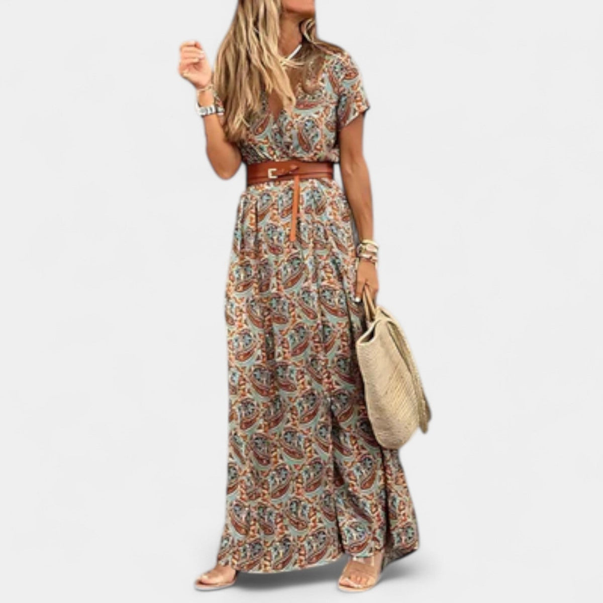 Paisley Print Short Sleeve Belted High Split Maxi Dress 4