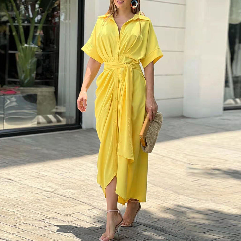 Abstract Print Collar Button Front Tie Waist Maxi Shirt Dress - View 4