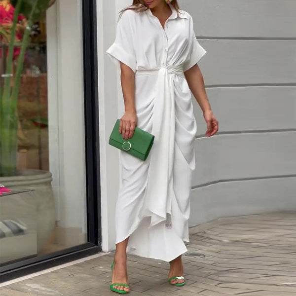 Abstract Print Collar Button Front Tie Waist Maxi Shirt Dress - View 7