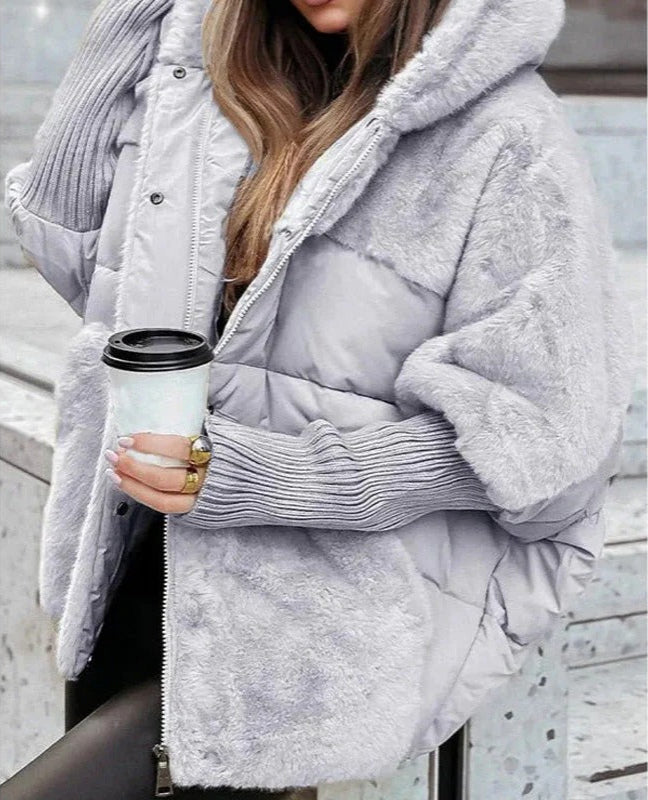 Faux Fur Hooded Puffer Jacket with Ribbed Knit Sleeves 2