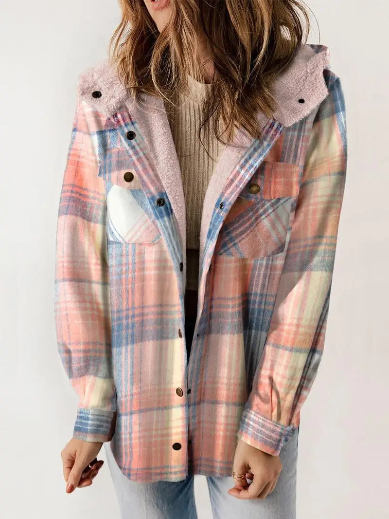 Plaid Hooded Sherpa Lined Button Front Shacket 2
