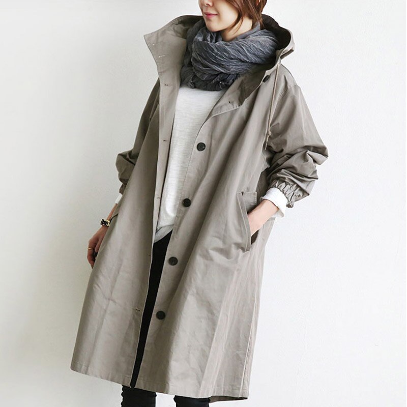 Hooded Button Front Oversized Longline Windbreaker Coat